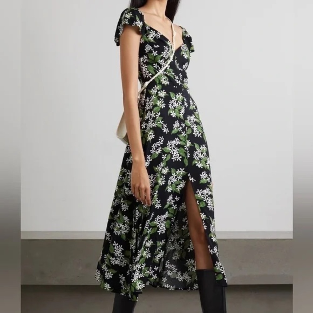 Reformation Black Floral Midi Dress with Green and White Print